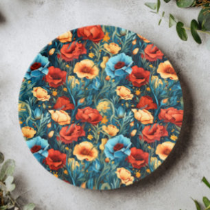 Mooie Gele Blauwe en Rode Bloemen Patroon Papieren Bordje