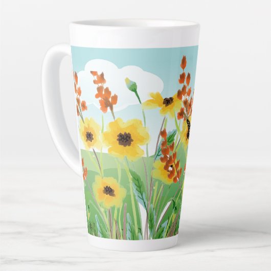 Mooie gele bloemen blauwe hemel en vlinder latte mok (Linkerhoek)