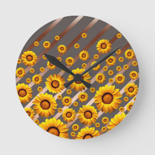 Mooie gele bloemen op grijze, bruine strepen ronde klok