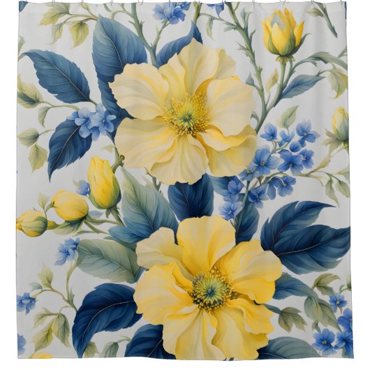 Mooie gele en blauwe bloemen douchegordijn (Voorkant)