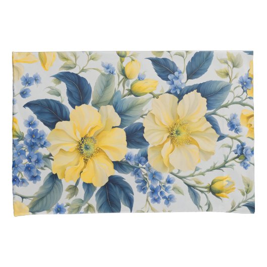 Mooie gele en blauwe bloemen kussensloop (Voorkant-Rechts)