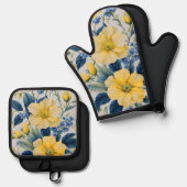 Mooie gele en blauwe bloemen ovenwant & pannenlap set (Voorkant / Achterkant)