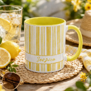 Mooie Gele Gestreepte Op Maat Gemaakte Naam Koffie Mok