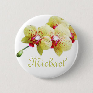 mooie gele orchidee bloemen persoonlijke naam knop ronde button 5,7 cm