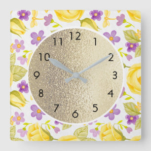 Mooie gele paarse bloemen op wit en goud vierkante klok