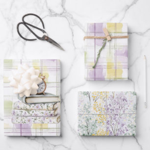 Mooie Gele Paarse Bloemige Boeken Klok Verjaardag Inpakpapier Vel