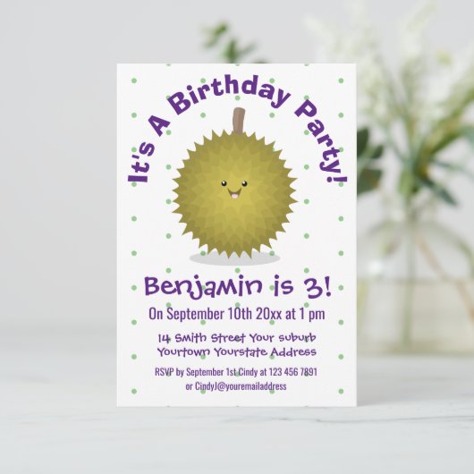 Mooie gelukkige durian cartoonillustratie kaart (Staand voorkant)