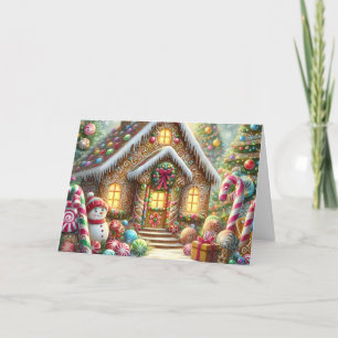 Mooie Gemberkoekhuis met Sneeuwman Kerstmis Feestdagen Kaart