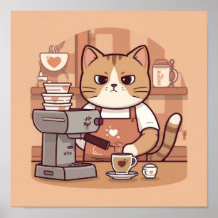 Mooie gezellige cartoon barista kat poster