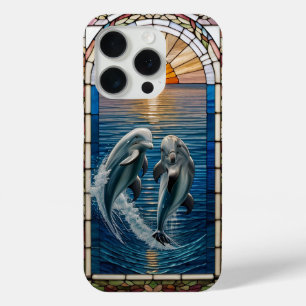 Mooie glas-in-loodkunst met springende dolfijnen iPhone 15 pro case