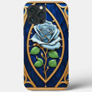 Mooie glas-in-loodraam met blauwe roos iPhone 13 pro max hoesje