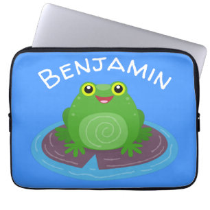 Mooie glimlachende groene kikkervis cartoon illust laptop sleeve