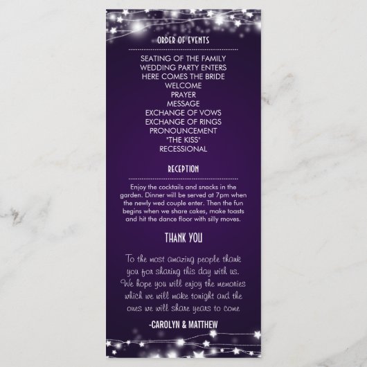 Mooie gloeiende sterren Paarse bruiloft programma (Achterkant)