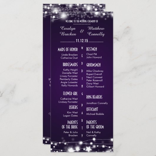 Mooie gloeiende sterren Paarse bruiloft programma (Voorkant / Achterkant)