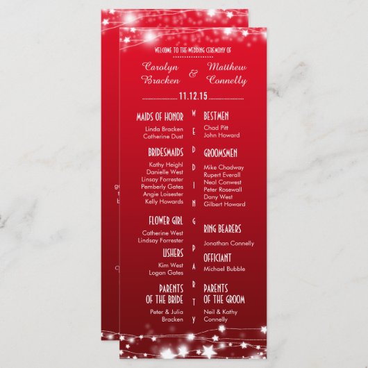 Mooie gloeiende sterren rode bruiloft programma (Voorkant / Achterkant)