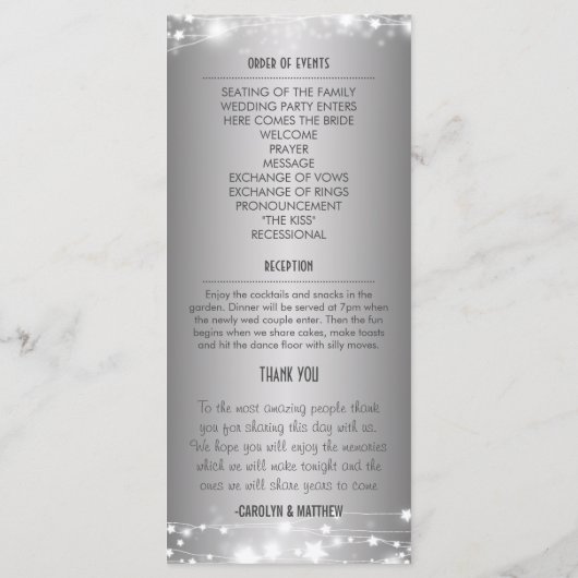 Mooie gloeiende sterren zilveren bruiloft programm programma (Achterkant)