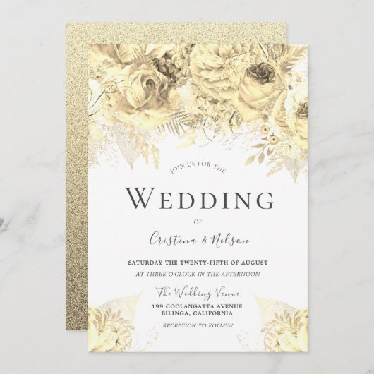 Mooie Golden Flowers Elegant Wedding Kaart (Voorkant / Achterkant)