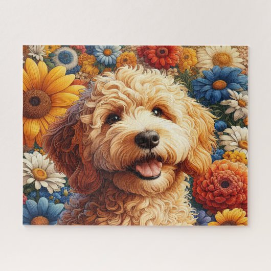 Mooie Goldendoodle-hond met bloemen Legpuzzel (Horizontaal)