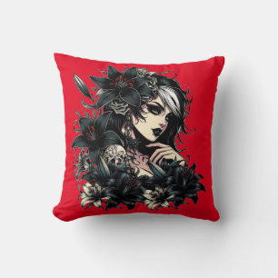 Mooie Gothic Meisje Zwart Lilly Flowers kunst Kussen