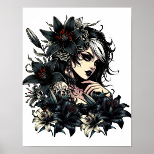 Mooie Gothic Meisje Zwart Lilly Flowers kunst Poster