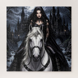 Mooie gotische vrouw op wit paard legpuzzel