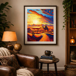 Mooie Gouden Uur Woestijn Zonsondergang & Kamelen Poster