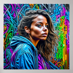 Mooie Graffiti Straatkunst Kleurrijke Vrouw Blank Poster