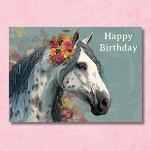 Mooie Grijze Paard en Bloemen Bloemrijke Verjaarda Kaart