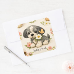 Mooie Grijze Puppies Bloem Vlinder Sticker