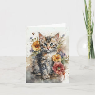 Mooie grijze tabby kat bloemen blanco wenskaart  kaart