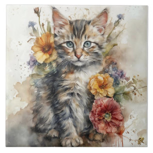 Mooie Grijze Tabby Kat Omgeven door Bloemen Tegeltje