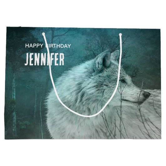 Mooie Grijze Wolf in een Donker Bos Verjaardag Groot Cadeauzakje (Achterkant)