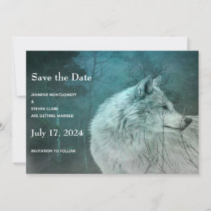 Mooie Grijze Wolf in een Donkere Bos Huwelijk Save The Date