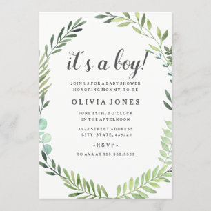 Mooie groene boho krans baby shower jongens uitnod kaart