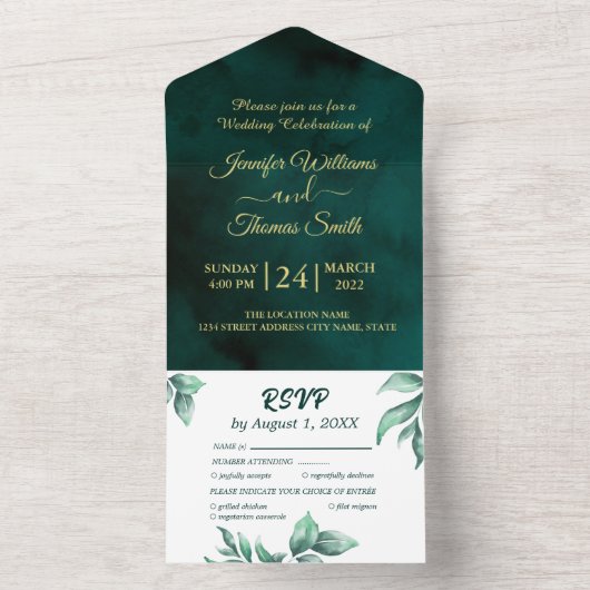 Mooie Groene en witte bruiloft All In One Uitnodiging (Binnen)