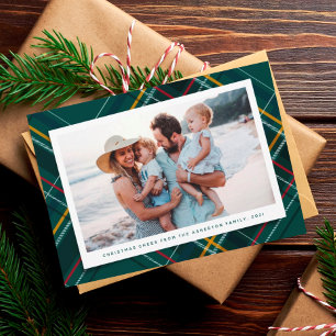 Mooie groene geruite moderne kerst met één foto feestdagenkaart