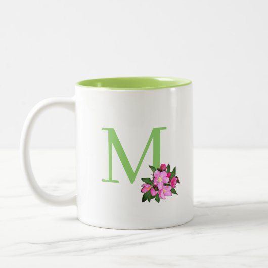 Mooie groene monogram met appelbloemen tweekleurige koffiemok (Links)