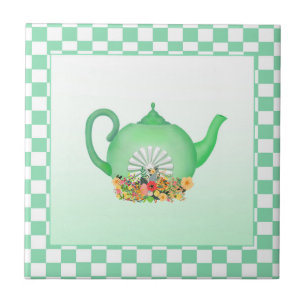 Mooie groene theepot met bloemen keramische Tegel Tegeltje