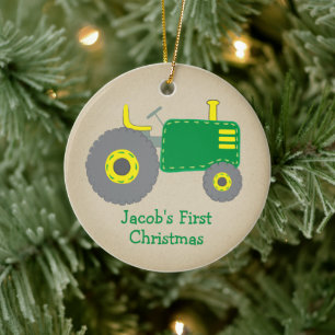 Mooie Groene Tractor Eerste Kerst Kracht Foto Keramisch Ornament