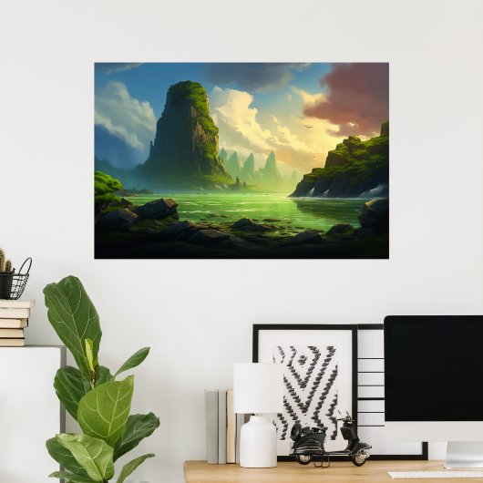 Mooie groene waterbaai illustratie poster (Thuiskantoor)