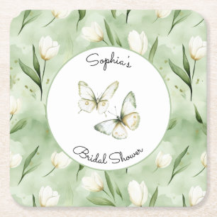 Mooie Groene Witte Tulpen Bruidsdouche Vierkante Kartonnen Onderzetter