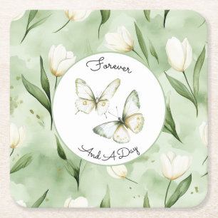Mooie Groene Witte Tulpen Bruiloft Vierkante Kartonnen Onderzetter