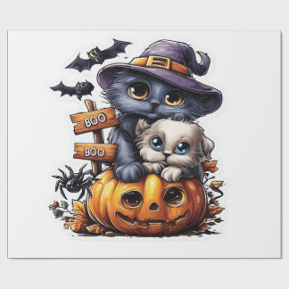Mooie Halloween kat sticker � Heksenhoed, Pompoen Cadeaupapier