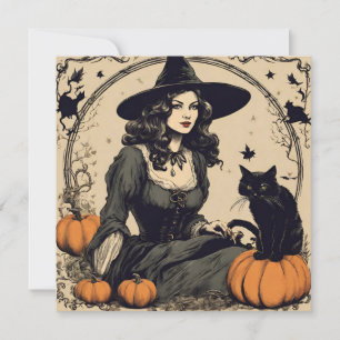Mooie  Halloween Witch met Black Cat Kaart