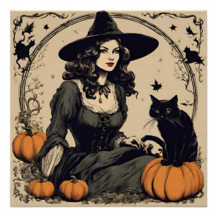 Mooie Halloween Witch met Black Cat Perfect Poster
