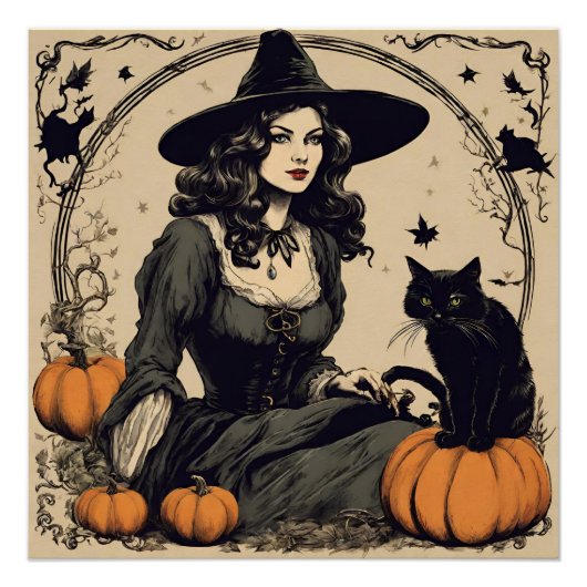 Mooie  Halloween Witch met Black Cat Perfect Poster (Voorkant)