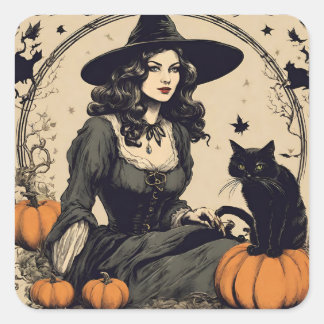 Mooie Halloween Witch met Black Cat Vierkante Sticker