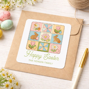 Mooie Happy Pasen Konijn Quilt Patroon Vierkante Sticker