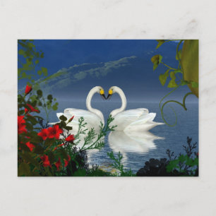 Mooie hart zwanen rode bloemen 1 briefkaart
