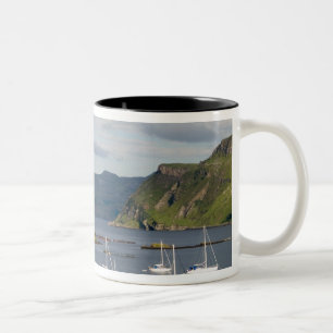 Mooie haven en zeilboten met weerspiegelingen in tweekleurige koffiemok